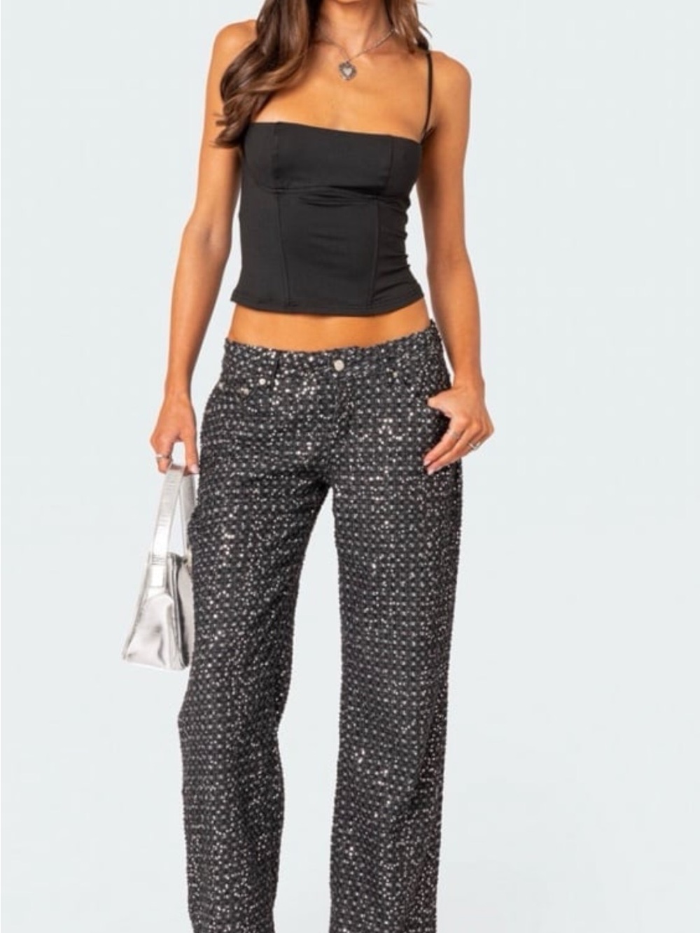 Edikted NYAH SEQUIN LOW RISE WIDE LEG JEANS